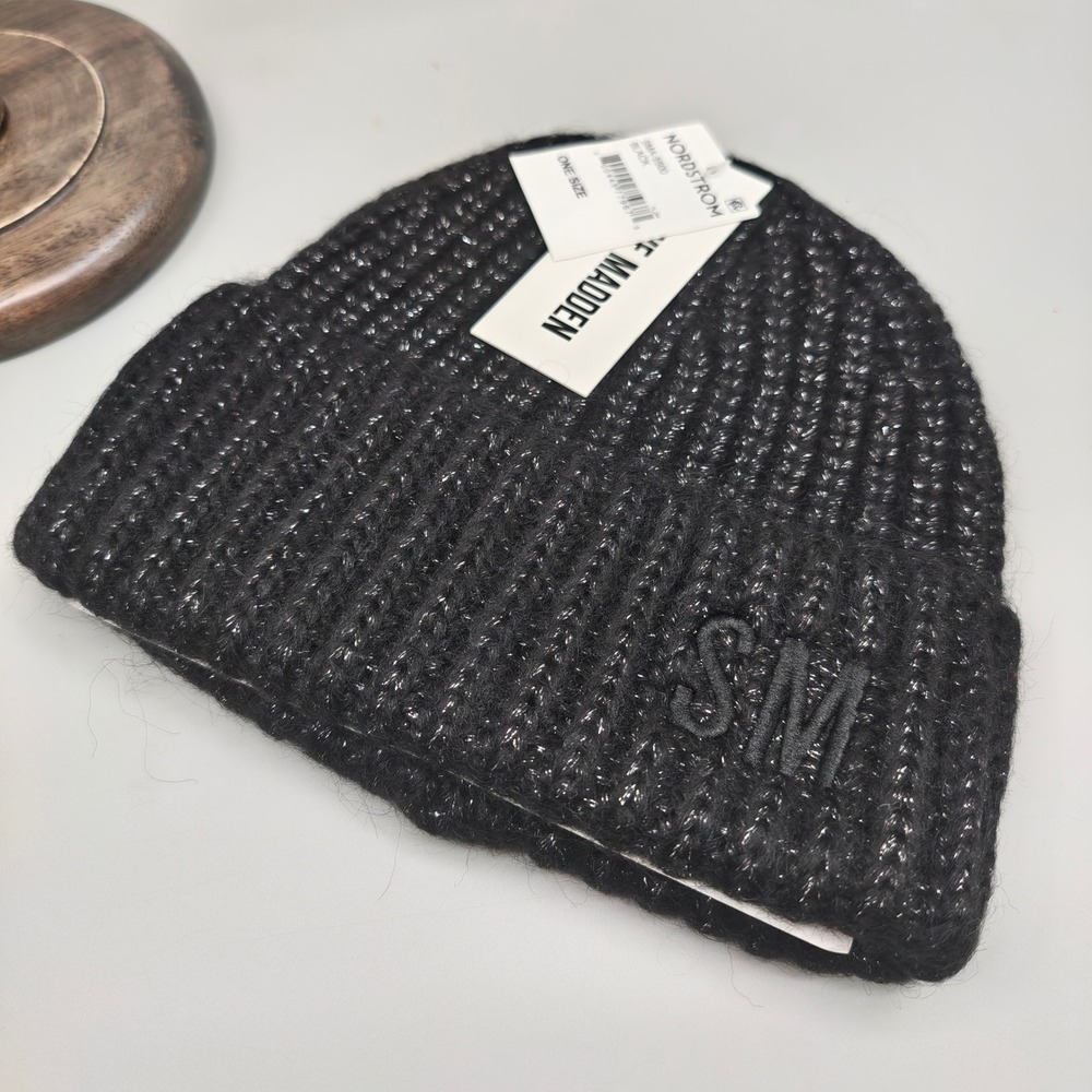Steve Madden Black Metallic Knit Beanie Hat SM Logo Cuffed One Size SMA-5500